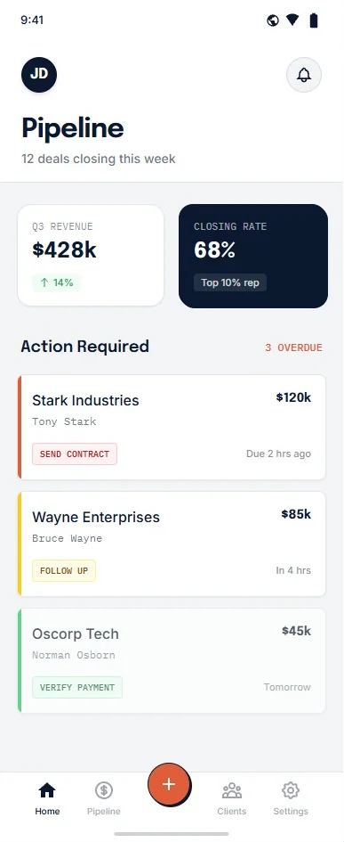 Interface mobile de aplicação PWA de CRM comercial para equipes de campo com gestão de funil de vendas, catálogo e fechamento de contratos